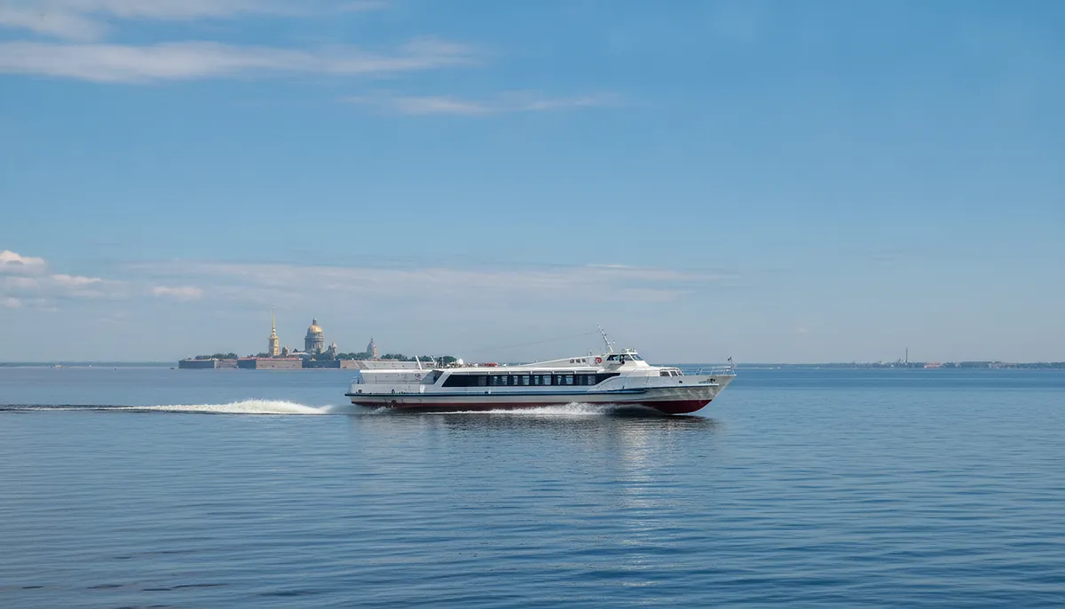 Скоростное судно на подводных крыльях идёт по заливу в солнечный день
